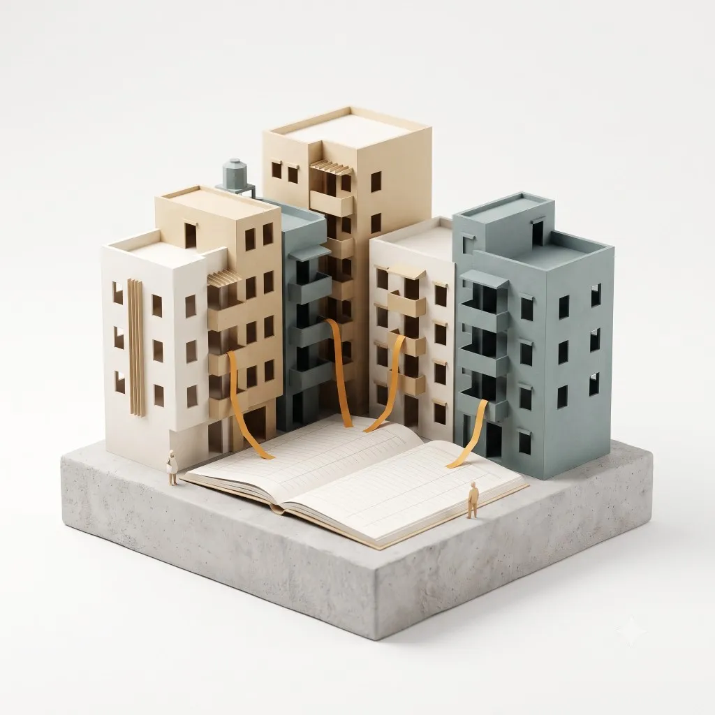 Papercraft diorama of apartment buildings connected to an open ledger