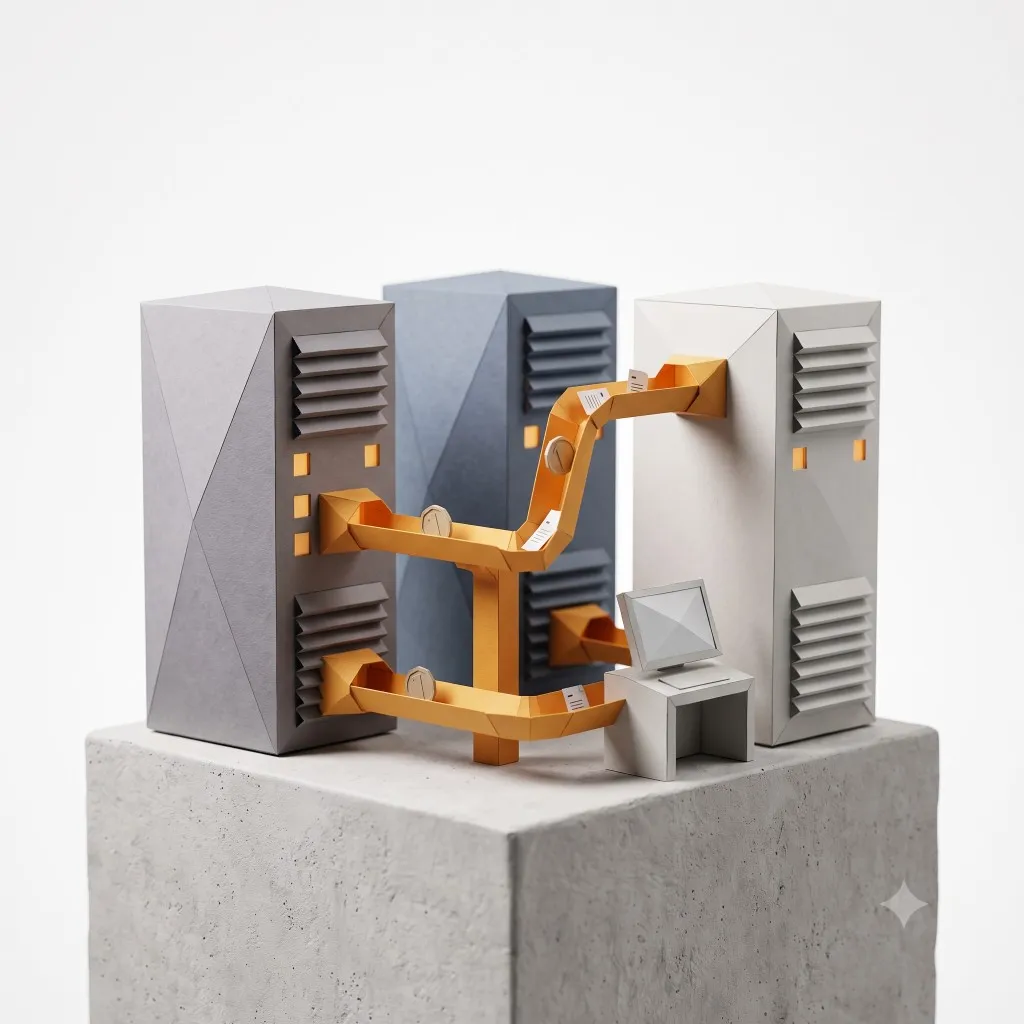 Papercraft diorama of server towers with money and records flowing through conduits